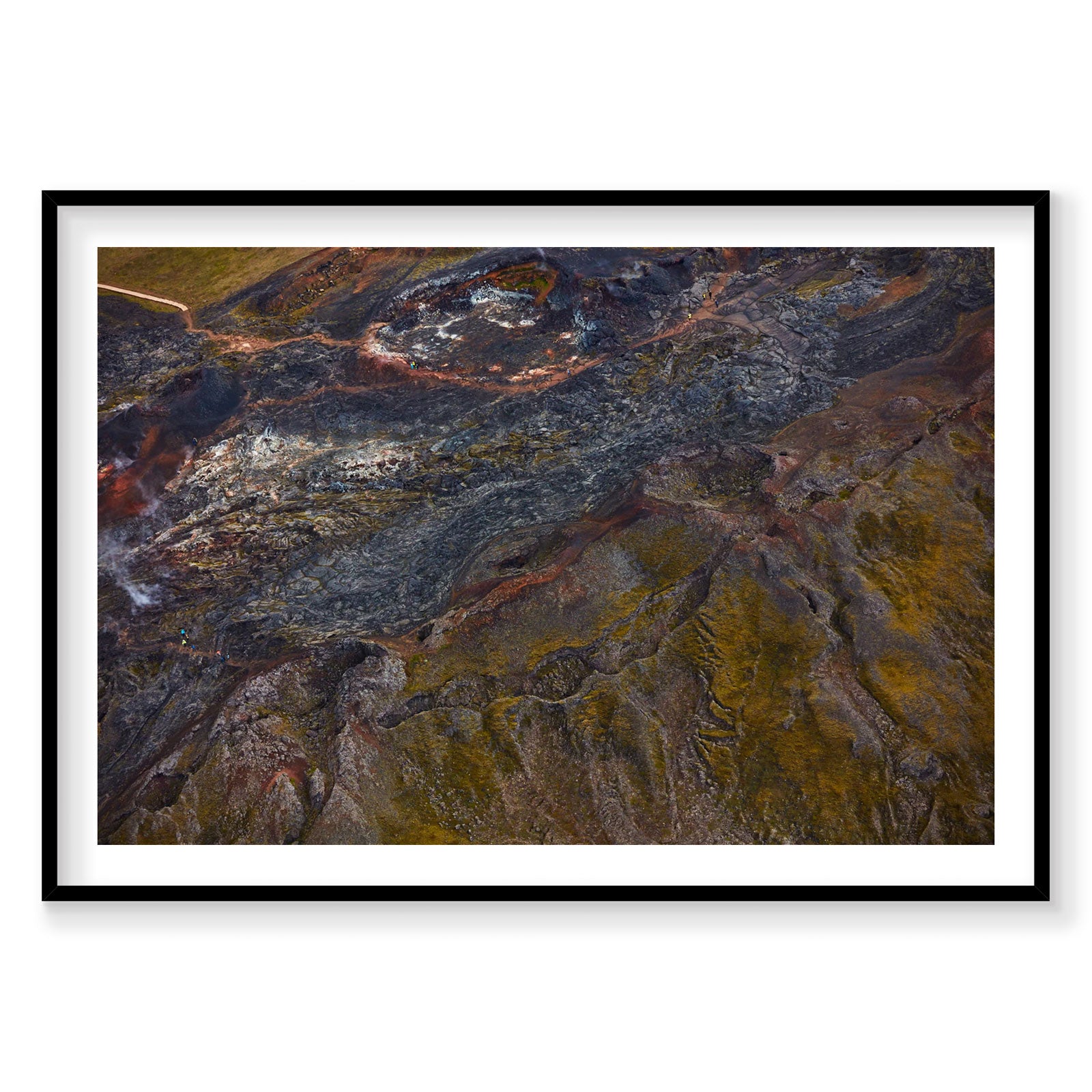Aerial view of geothermal hot springs with steaming vents and colorful mineral deposits in Iceland, photography print by R...