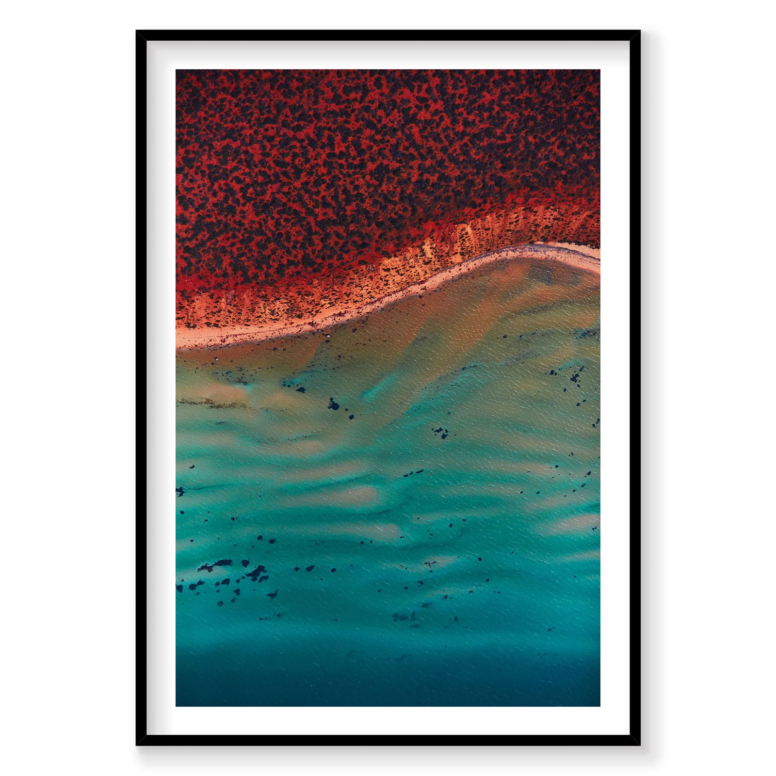 Aerial view of rippling turquoise waters and red algae at Shark Bay Western Australia, photography print by Remy Gerega