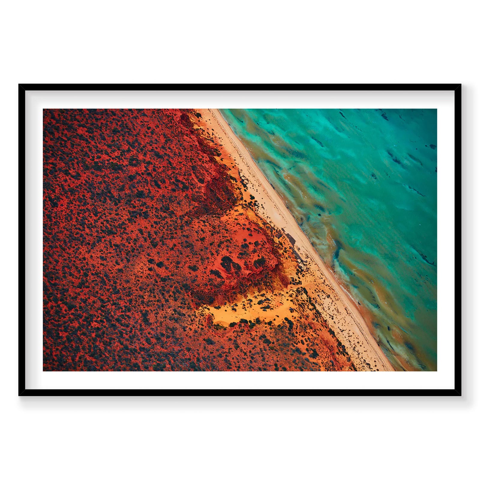 Aerial view of Shark Bay turquoise waters meeting red algae-covered shoreline, photography print by Remy Gerega