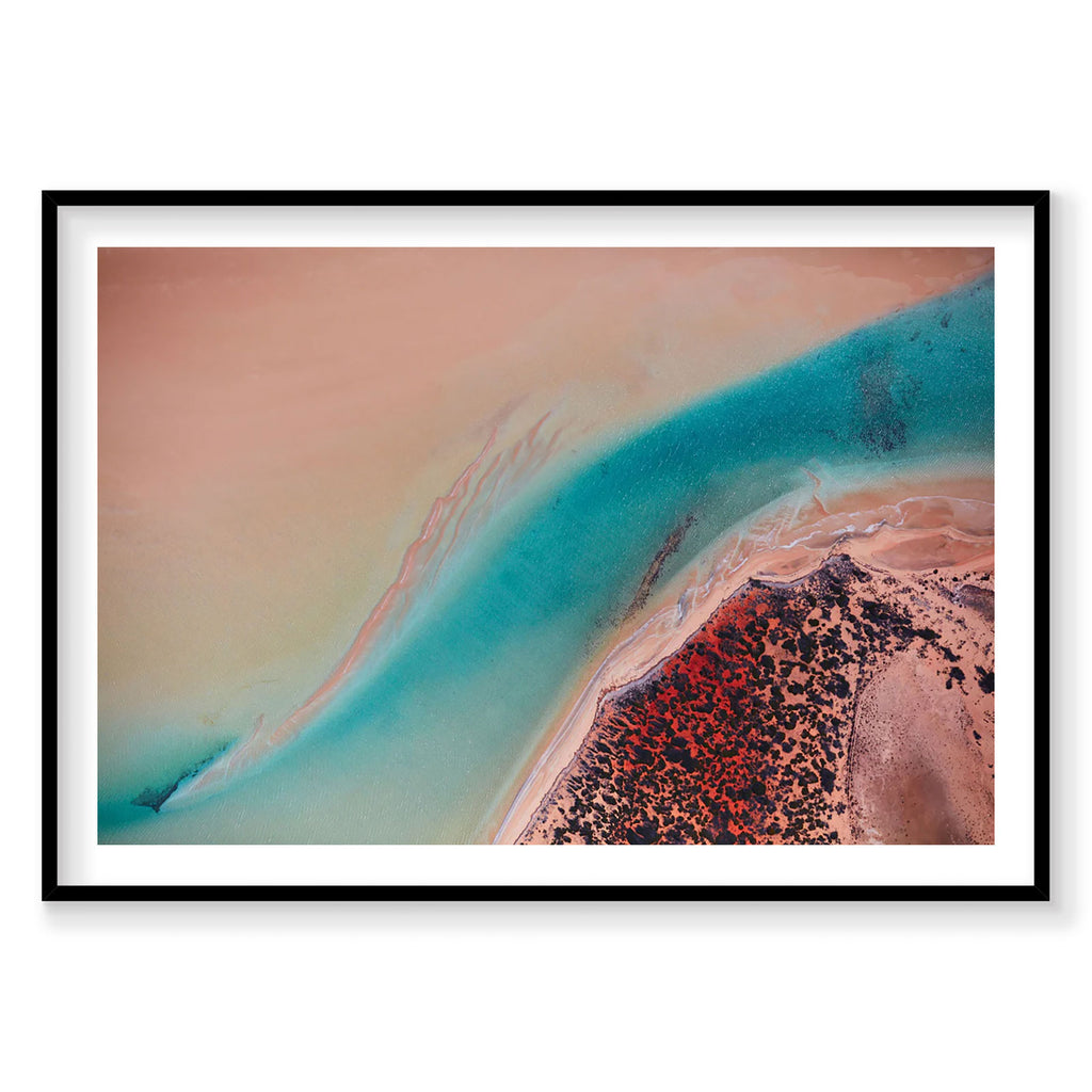 Aerial view of Shark Bay inlet with turquoise water and red algae patterns, photography print by Remy Gerega
