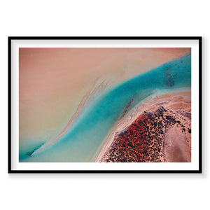 Aerial view of Shark Bay inlet with turquoise water and red algae patterns, photography print by Remy Gerega