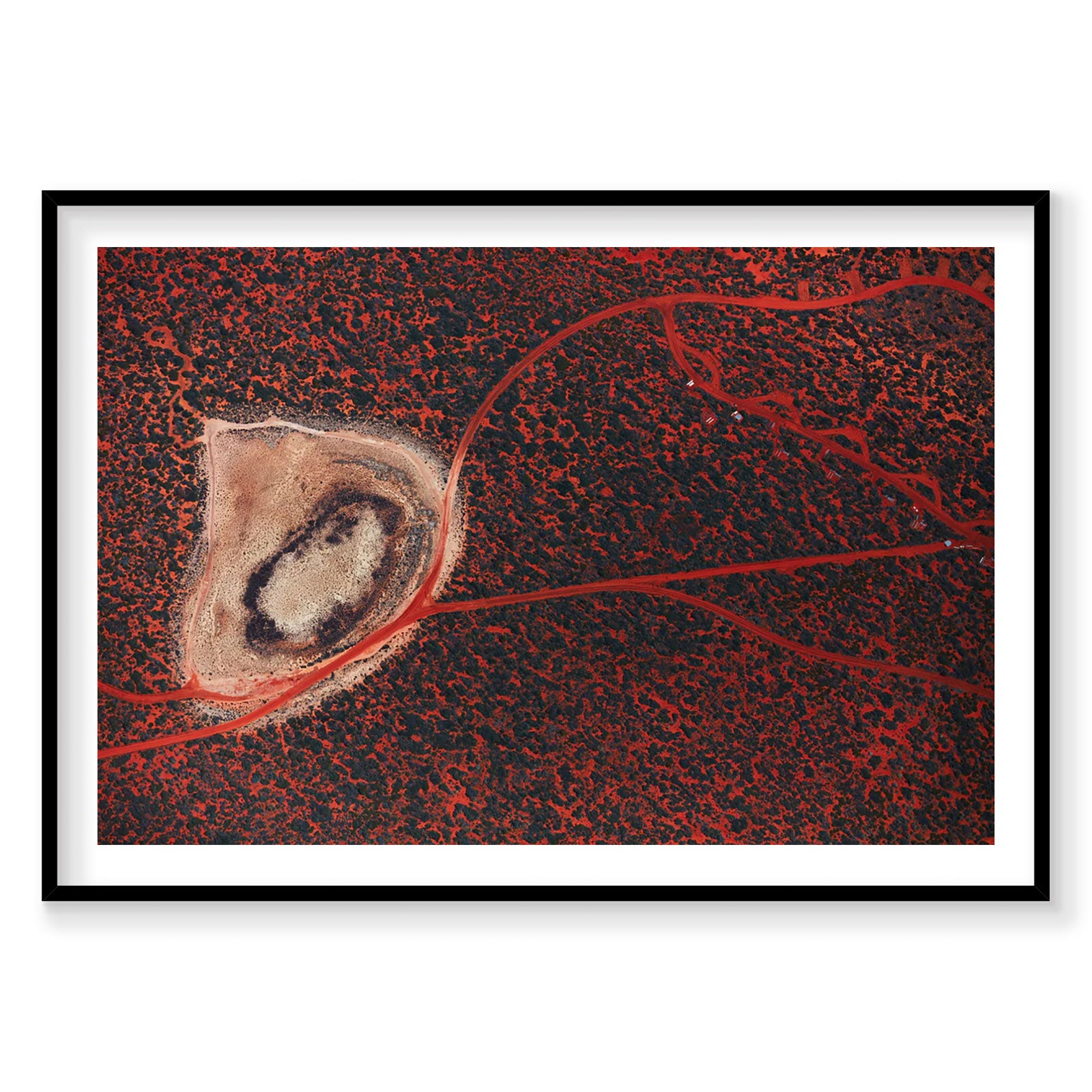 Aerial view of Shark Bay salt lake with red algae and sandy island, photography print by Remy Gerega