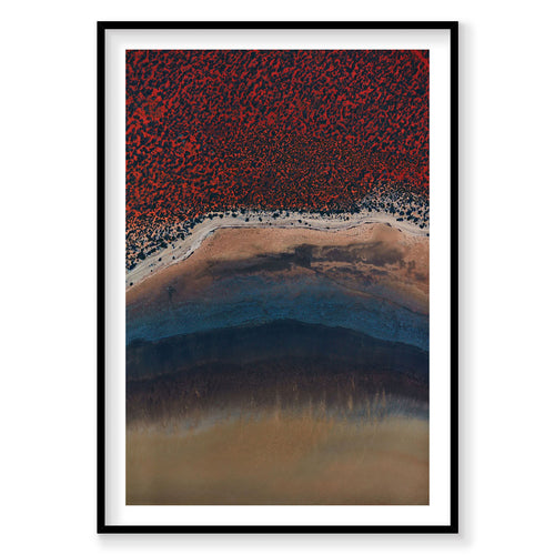 Aerial view of vibrant red algae and blue waters at Shark Bay Western Australia, photography print by Remy Gerega
