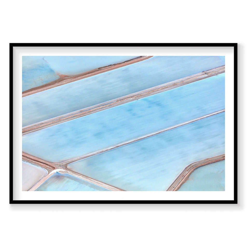 Aerial view of geometric blue salt evaporation ponds with brown dividing lines, photography print by Remy Gerega