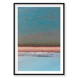 Crystalline salt lake aerial view Useless Loop with turquoise water and pink mineral deposits, photography print by Remy G...