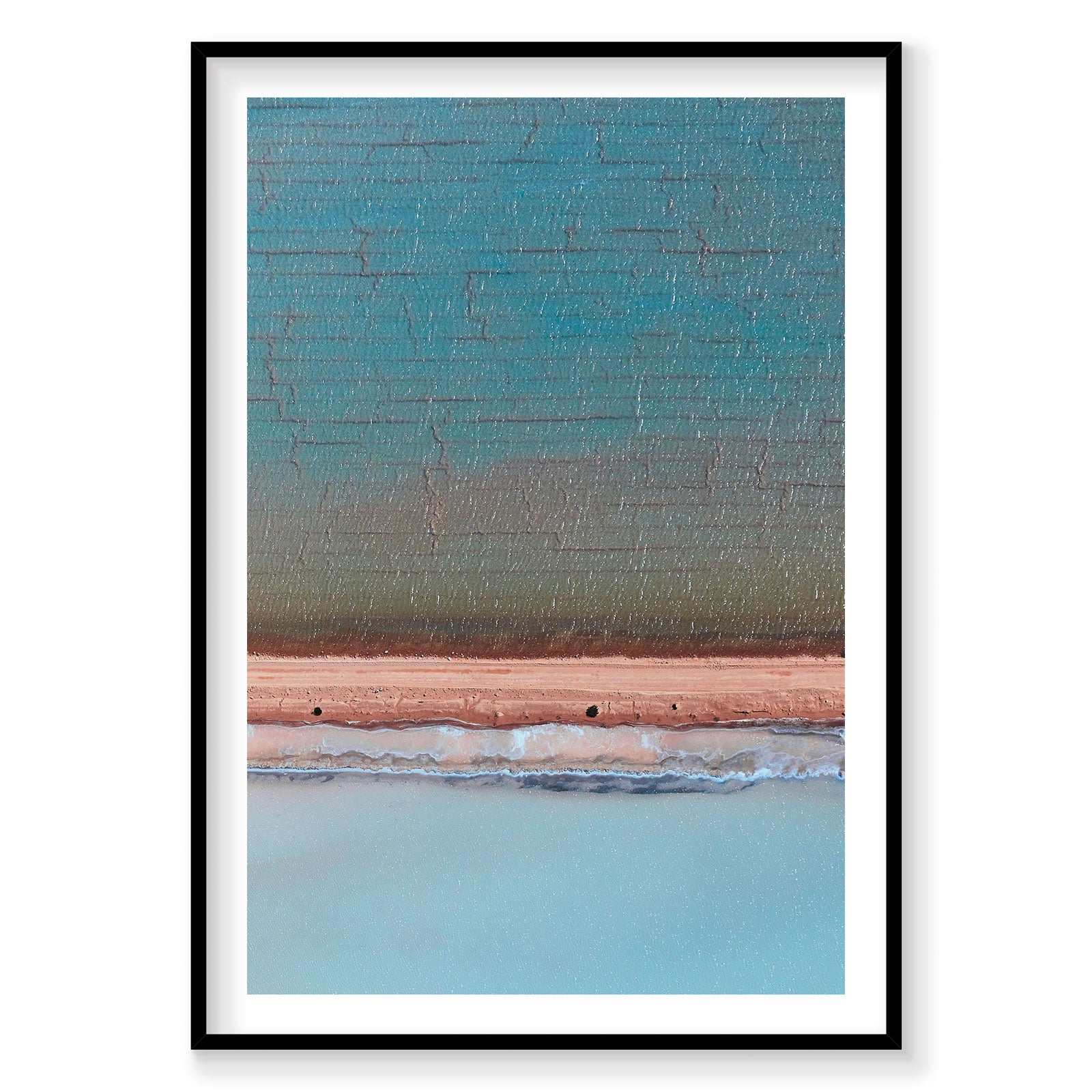 Crystalline salt lake aerial view Useless Loop with turquoise water and pink mineral deposits, photography print by Remy G...