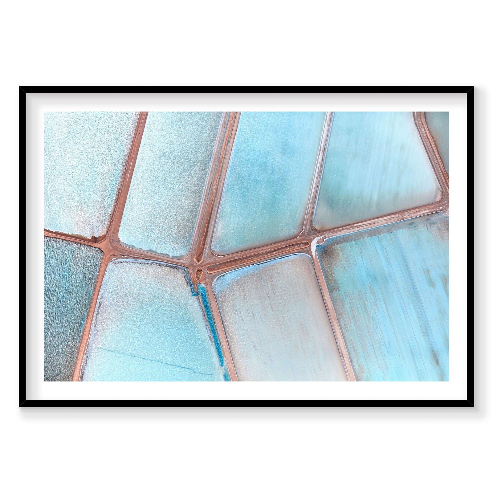 Aerial view of turquoise salt evaporation ponds with geometric patterns, photography print by Remy Gerega