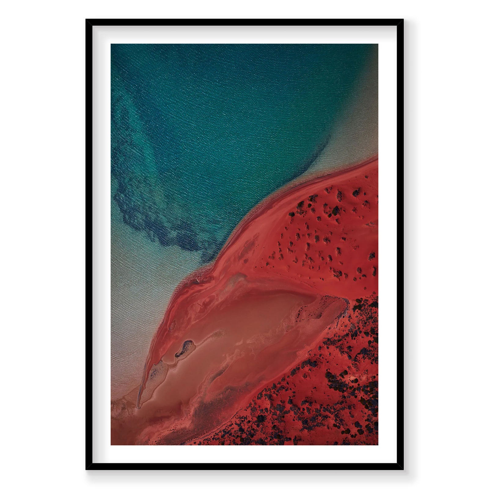 Aerial view of Eagle, Shark Bay with turquoise water and red earth from above, photography print by Remy Gerega