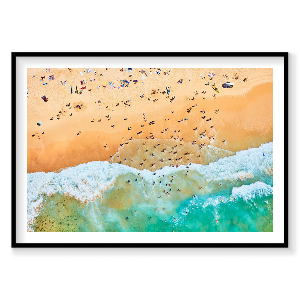 Aerial view of Maroubra Beach with turquoise waves and sunbathers on golden sand, photography print by Remy Gerega