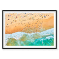 Aerial view of Maroubra Beach with turquoise waves and sunbathers on golden sand, photography print by Remy Gerega