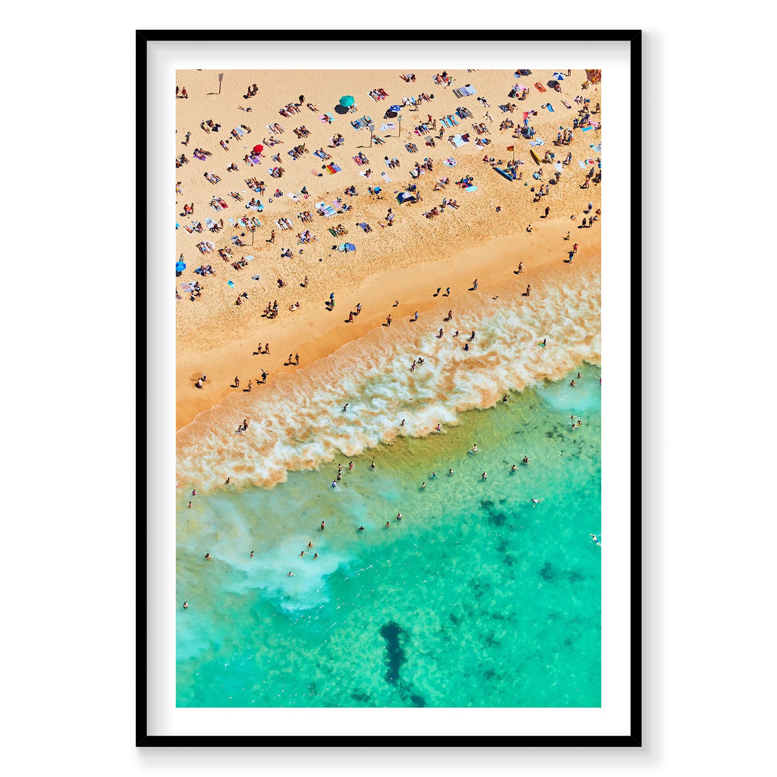 Aerial view of Coogee Beach with turquoise water and colorful beach umbrellas, photography print by Remy Gerega