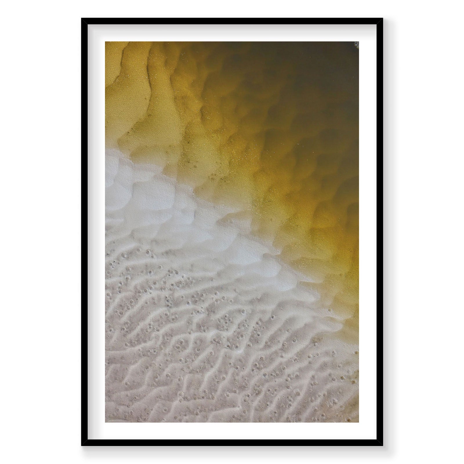 Aerial view of Whitehaven Beach sand ripples and shallow water in golden tones, photography print by Remy Gerega