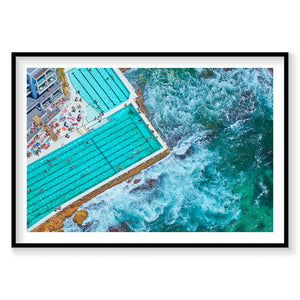 Aerial view of Icebergs Pool Sydney with turquoise lanes and crashing ocean waves, photography print by Remy Gerega