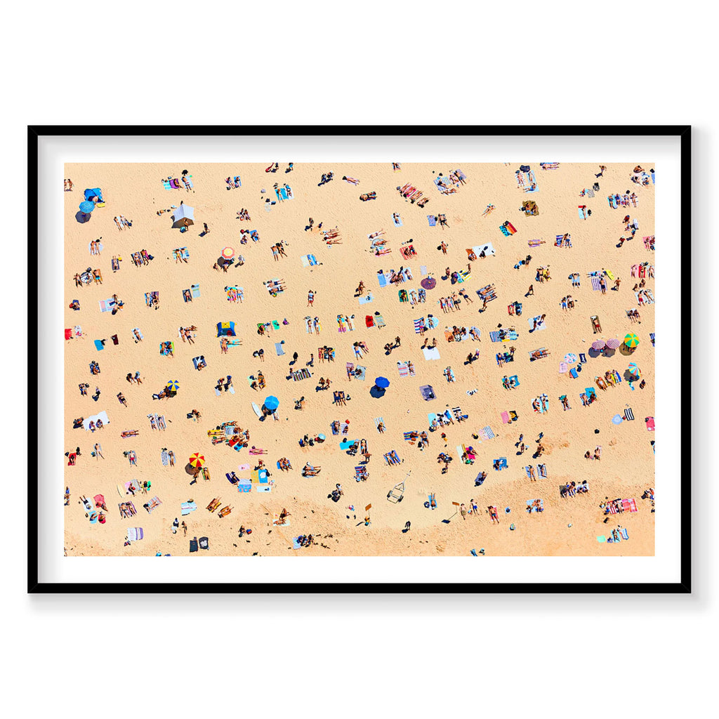 Aerial view of Bondi Beach sunbathers scattered across sandy shore, photography print by Remy Gerega