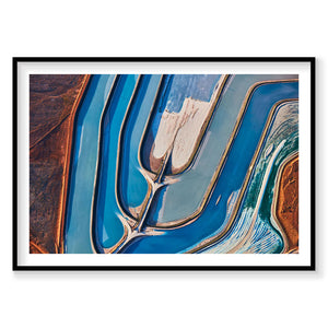 Aerial view of vibrant blue chloride evaporation ponds near Moab Utah, photography print by Remy Gerega