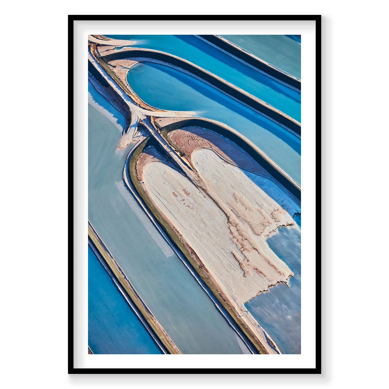 Aerial view of blue potash evaporation ponds with white salt deposits near Moab Utah, photography print by Remy Gerega