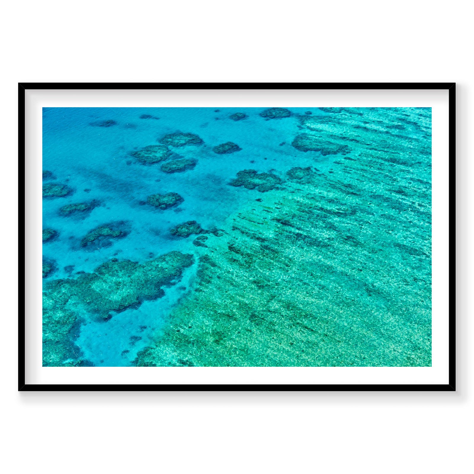 Aerial view of coral formations and turquoise water at Great Barrier Reef from above, photography print by Remy Gerega