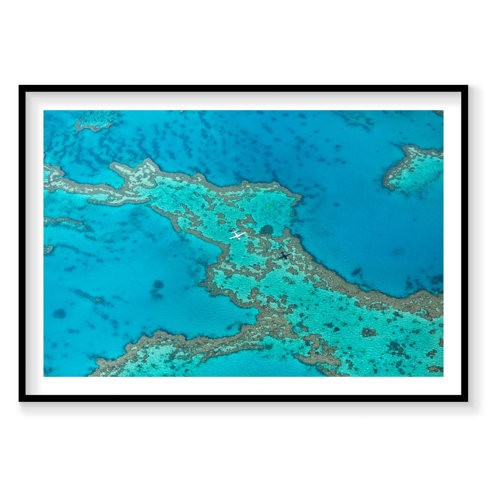 Aerial view of Great Barrier Reef coral formations in turquoise waters from above, photography print by Remy Gerega