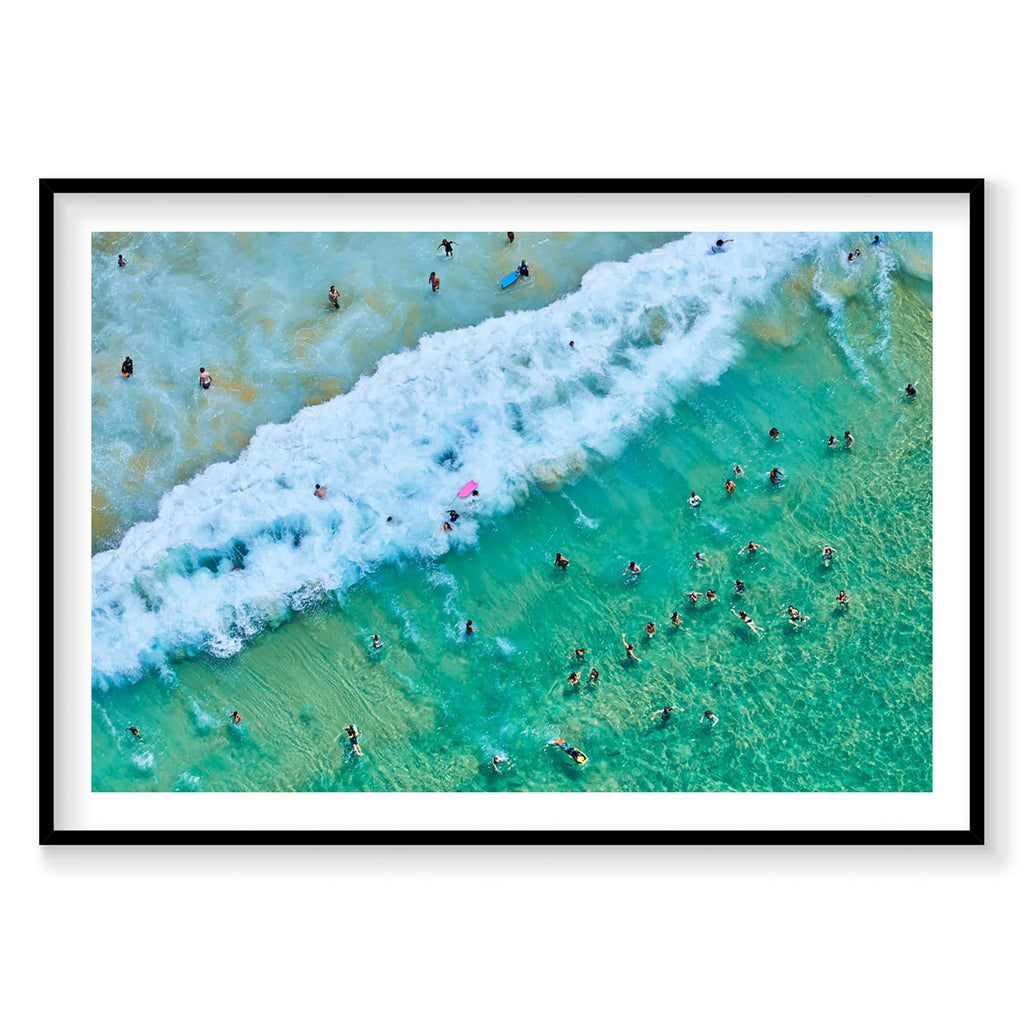 Aerial view of Bondi Beach swimmers in turquoise water and white waves, photography print by Remy Gerega