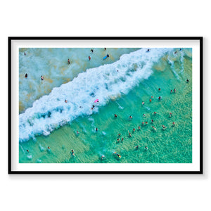 Aerial view of Bondi Beach swimmers in turquoise water and white waves, photography print by Remy Gerega