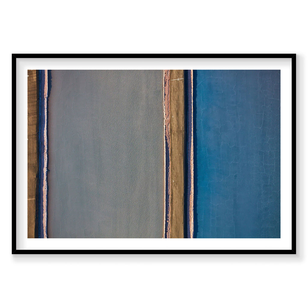 Aerial view of geometric blue and gray mineral ponds in Moab from above, photography print by Remy Gerega