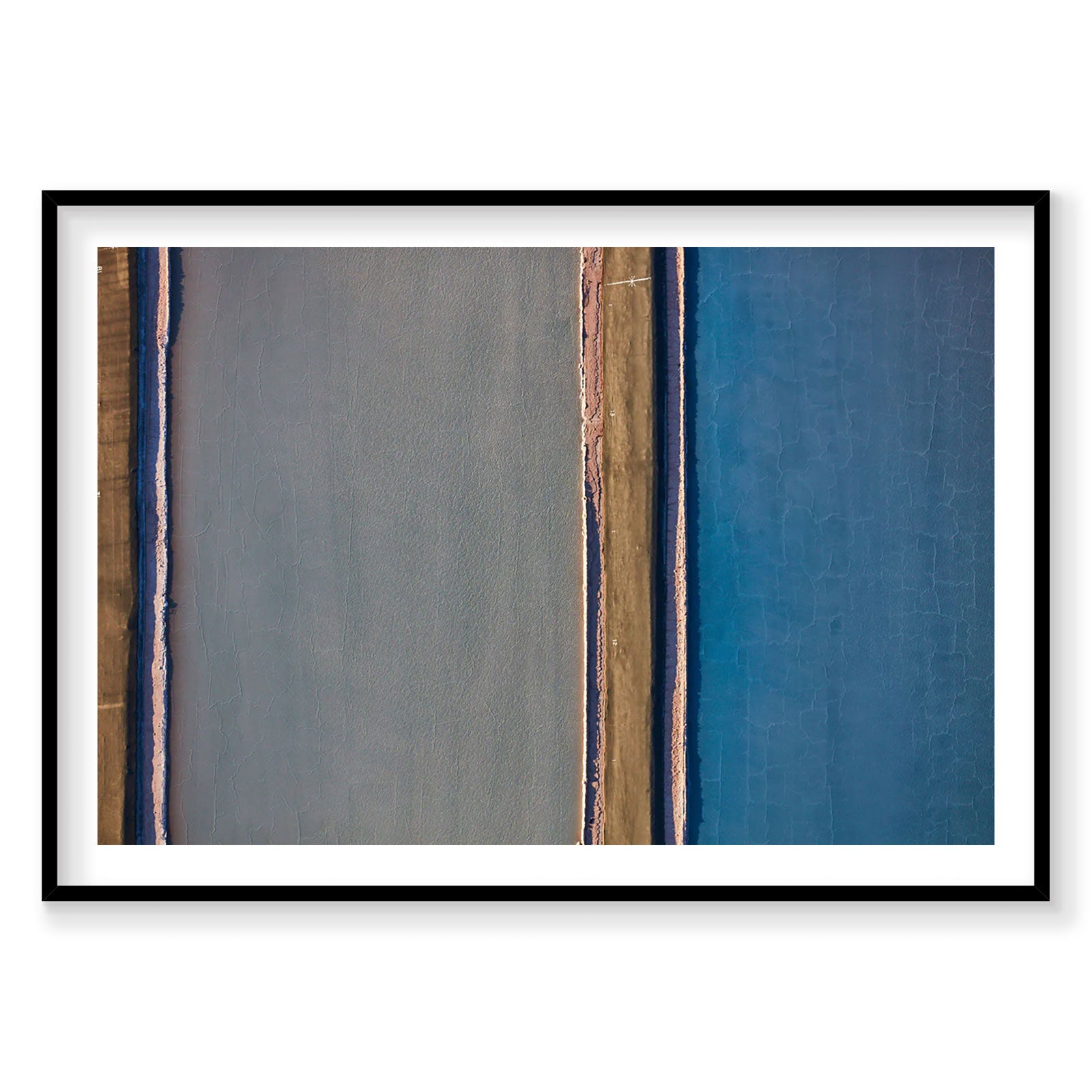 Aerial view of geometric blue and gray mineral ponds in Moab from above, photography print by Remy Gerega