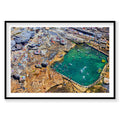 Aerial view of Mahon Pool with crystalline turquoise water and rocky cliffs, photography print by Remy Gerega