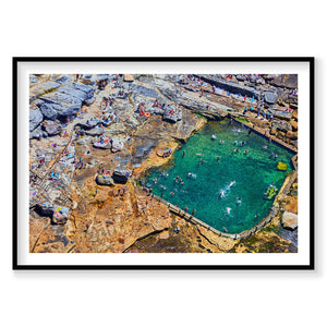 Aerial view of Mahon Pool with crystalline turquoise water and rocky cliffs, photography print by Remy Gerega