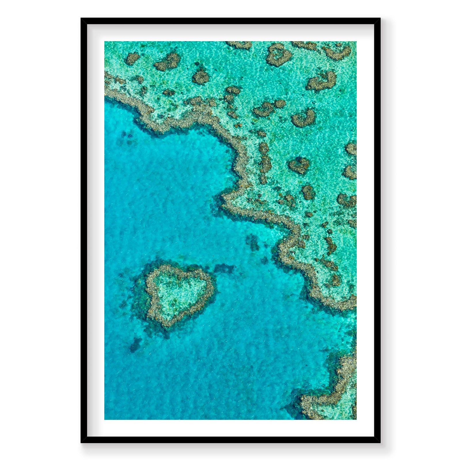 Aerial view of Heart Reef, Great Barrier Reef with turquoise waters and coral formations, photography print by Remy Gerega