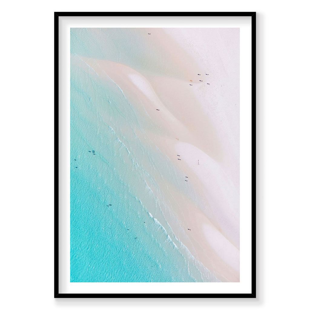 Aerial view of Whitehaven Beach turquoise waters and white sand shoreline from above, photography print by Remy Gerega