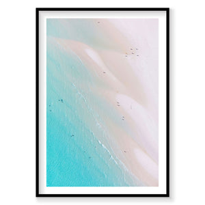 Aerial view of Whitehaven Beach turquoise waters and white sand shoreline from above, photography print by Remy Gerega