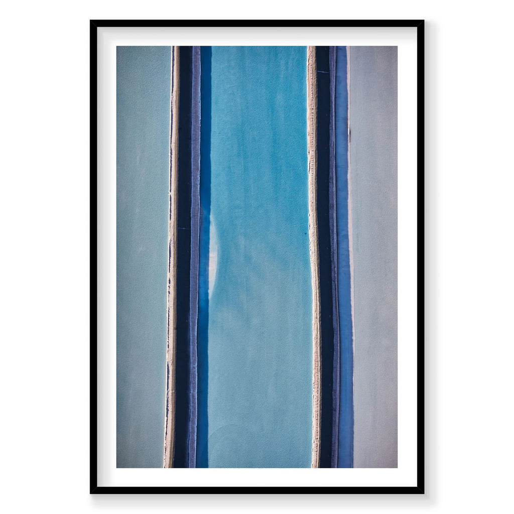 Aerial view of blue dye evaporation ponds in Moab with geometric patterns, photography print by Remy Gerega