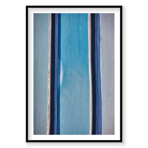 Aerial view of blue dye evaporation ponds in Moab with geometric patterns, photography print by Remy Gerega