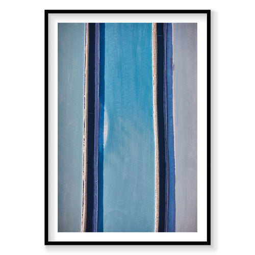Aerial view of blue dye evaporation ponds in Moab with geometric patterns, photography print by Remy Gerega