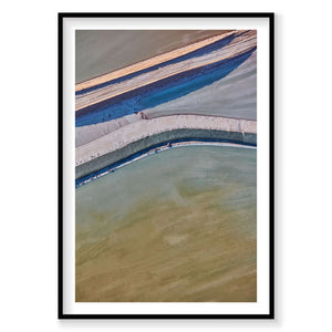 Aerial view of colorful salt evaporation ponds in Moab with blue and turquoise water, photography print by Remy Gerega