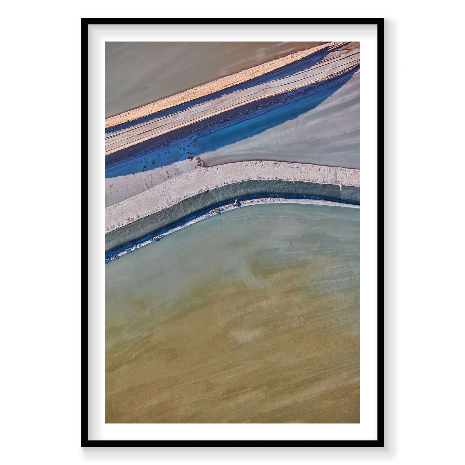 Aerial view of colorful salt evaporation ponds in Moab with blue and turquoise water, photography print by Remy Gerega