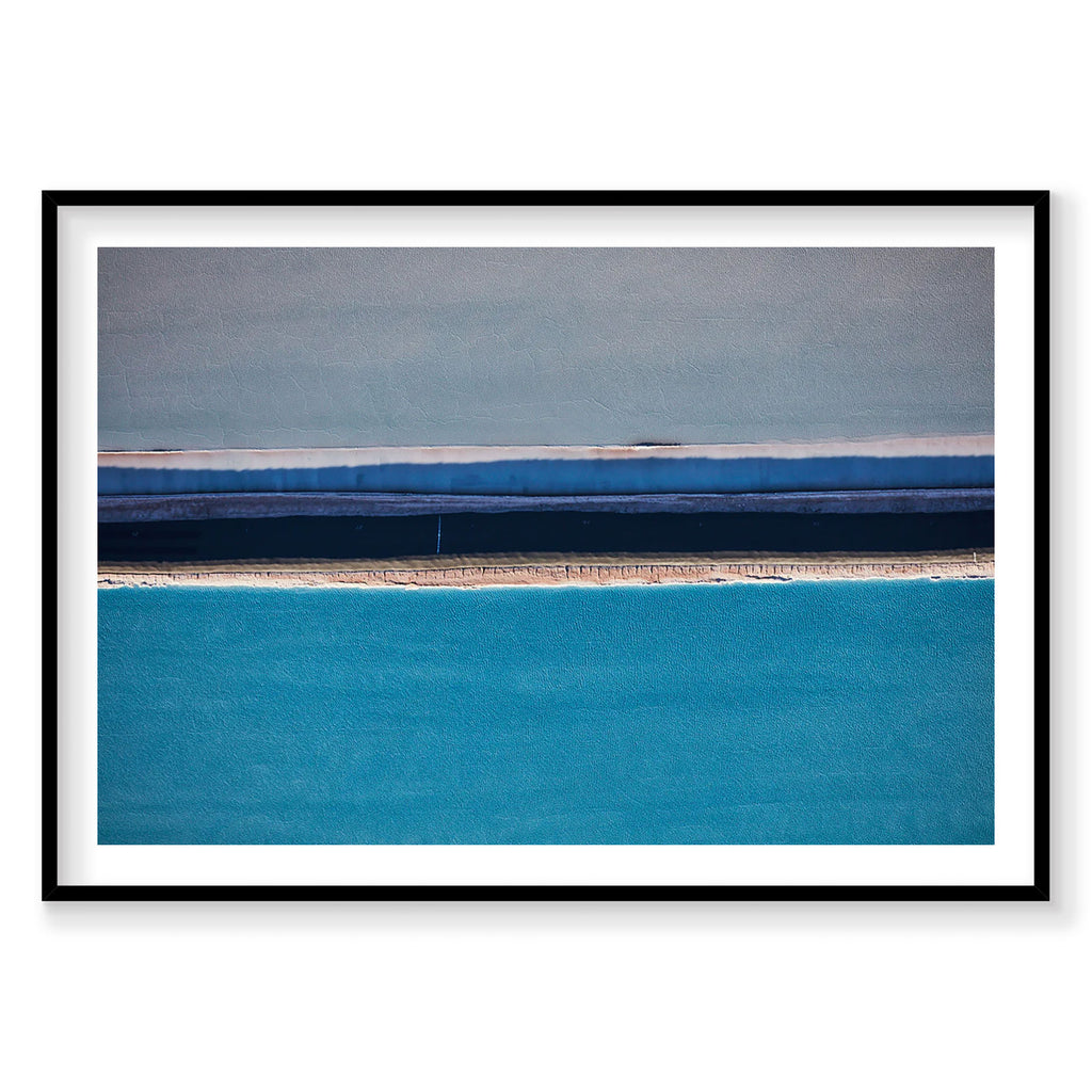 Aerial view of turquoise swimming lane with geometric sections and desert landscape, Moab, photography print by Remy Gerega