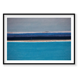 Aerial view of turquoise swimming lane with geometric sections and desert landscape, Moab, photography print by Remy Gerega
