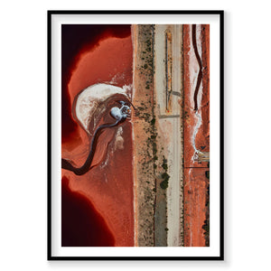 Aerial view of vibrant red salt pond with worker, Western Australia, photography print by Remy Gerega