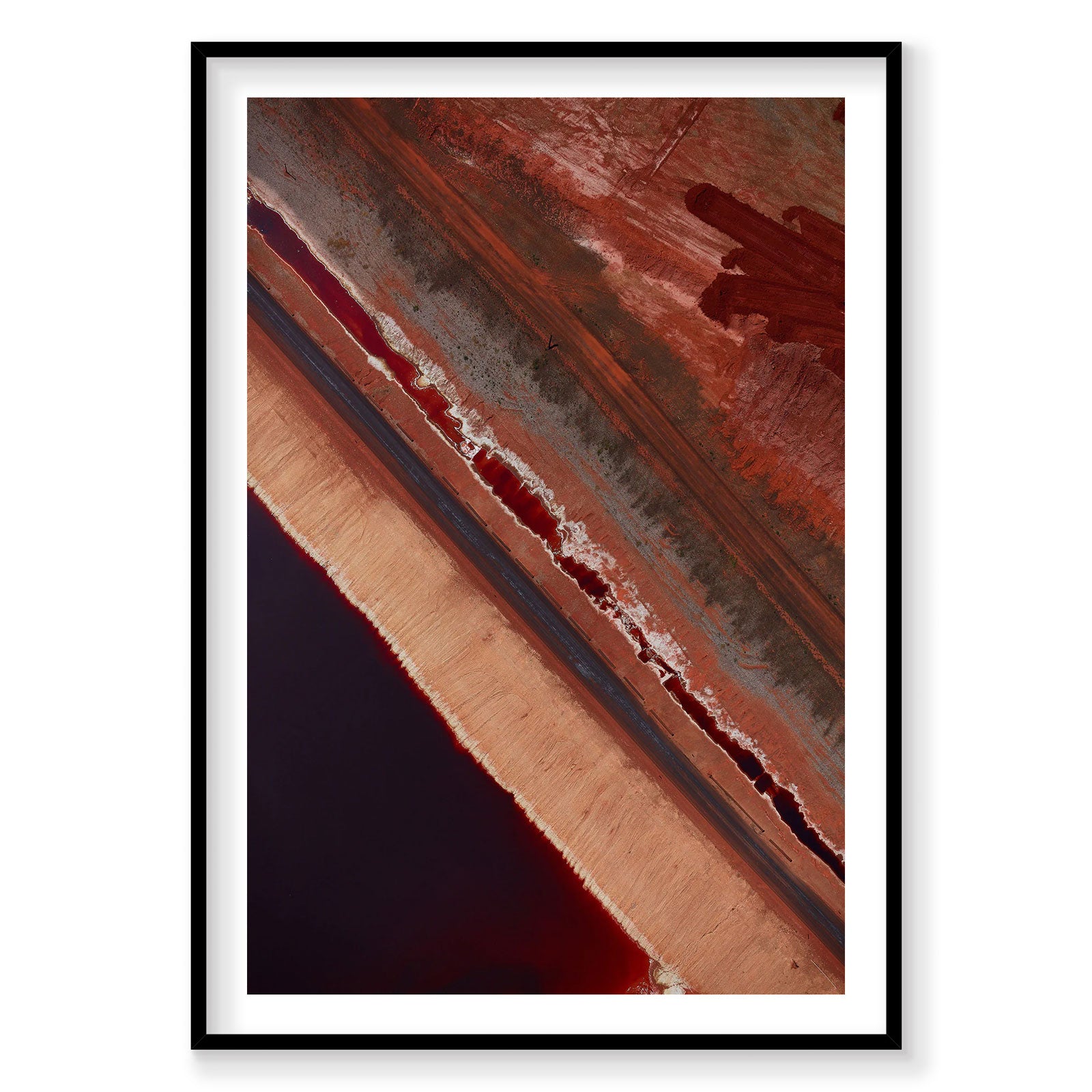 Aerial view of red mud patterns Western Australia with white salt lines, photography print by Remy Gerega