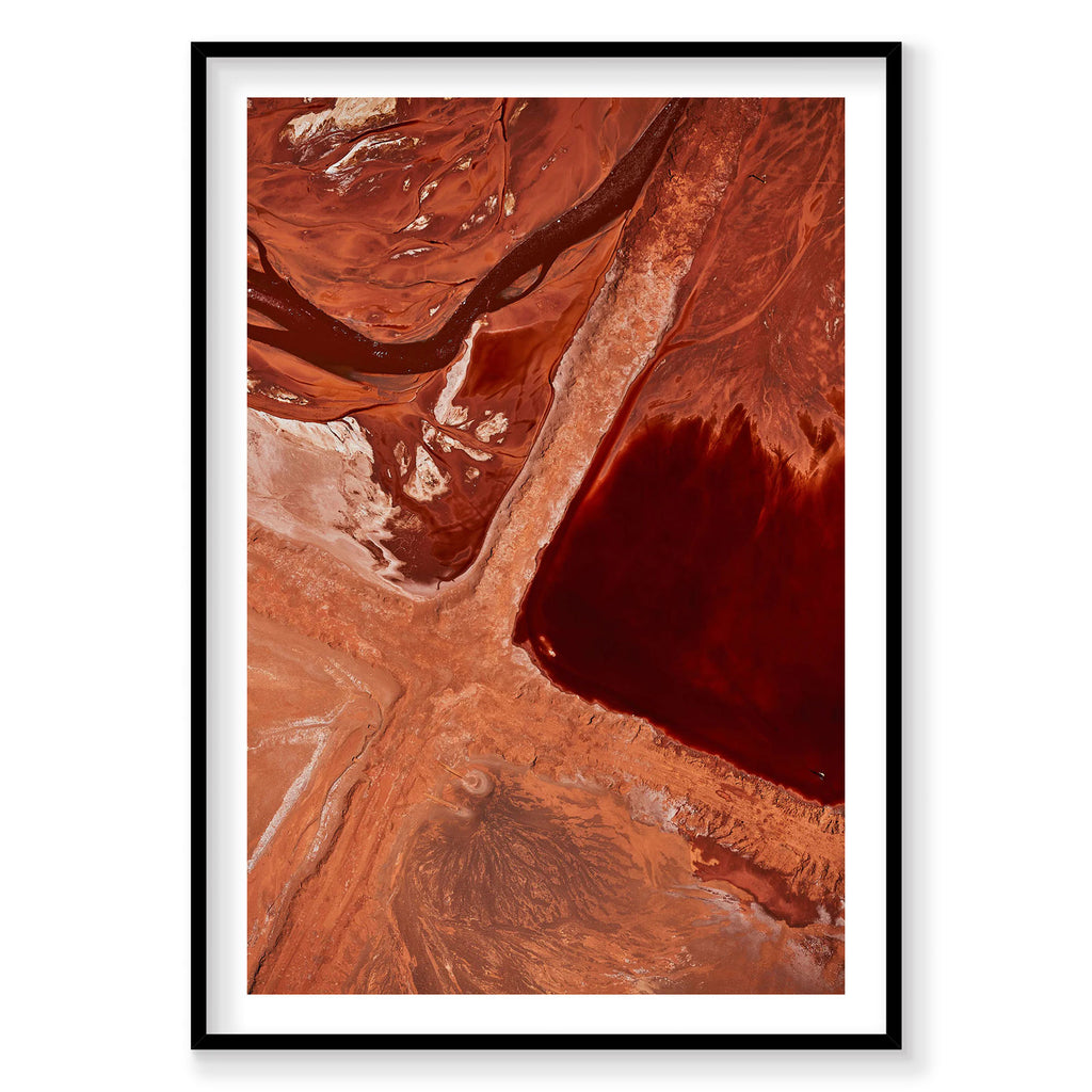 Aerial view of vivid red salt lake Caustic Western Australia from above, photography print by Remy Gerega