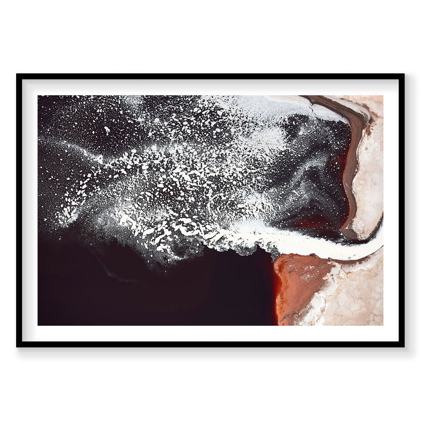 Aerial view of salt lake residue patterns Western Australia in black, white and rust tones, photography print by Remy Gerega