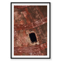 Aerial view of red topsoil and farmland with dark rectangular clearing, Western Australia, photography print by Remy Gerega