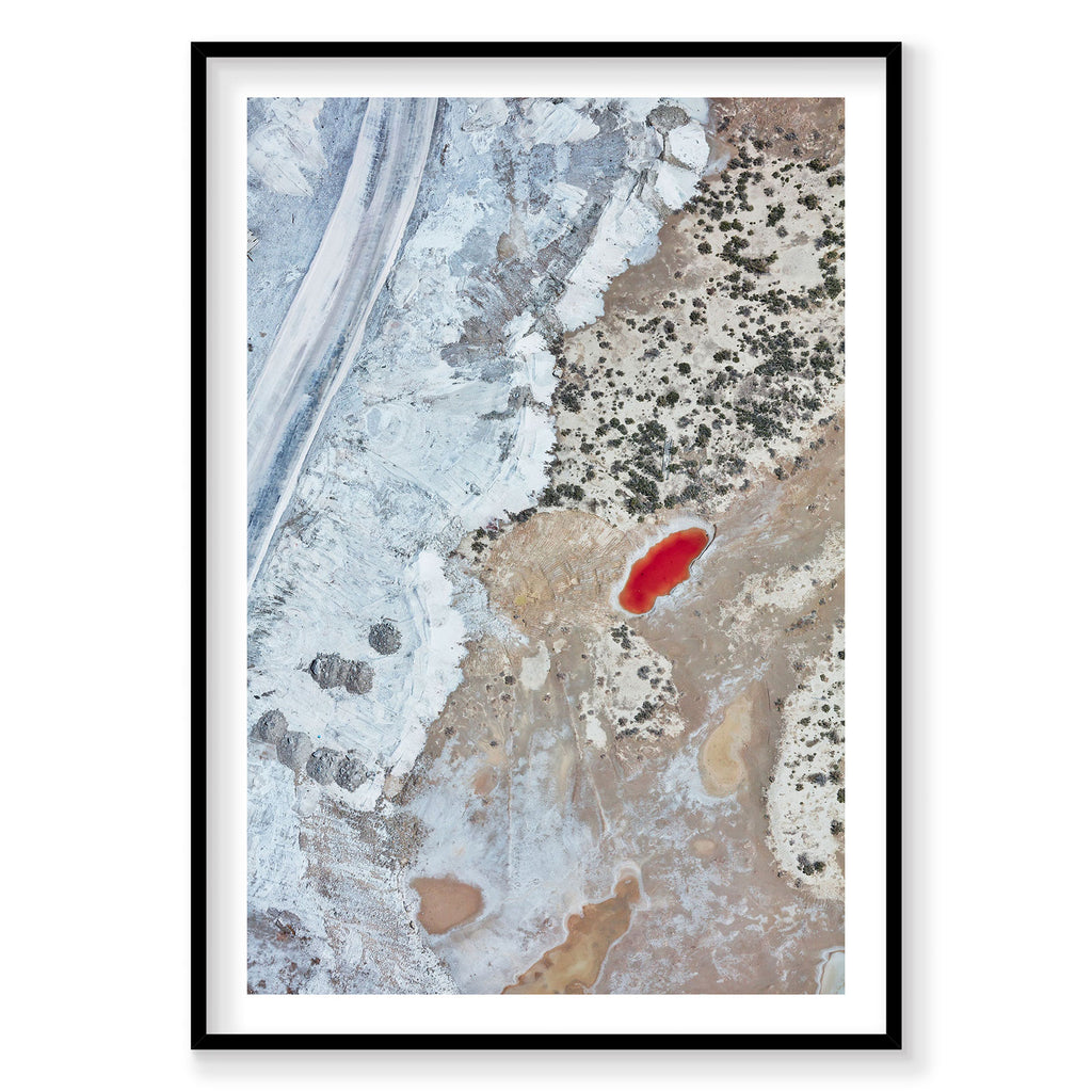 Aerial view of vibrant red mineral pool in Great Salt Lake Utah from above, photography print by Remy Gerega