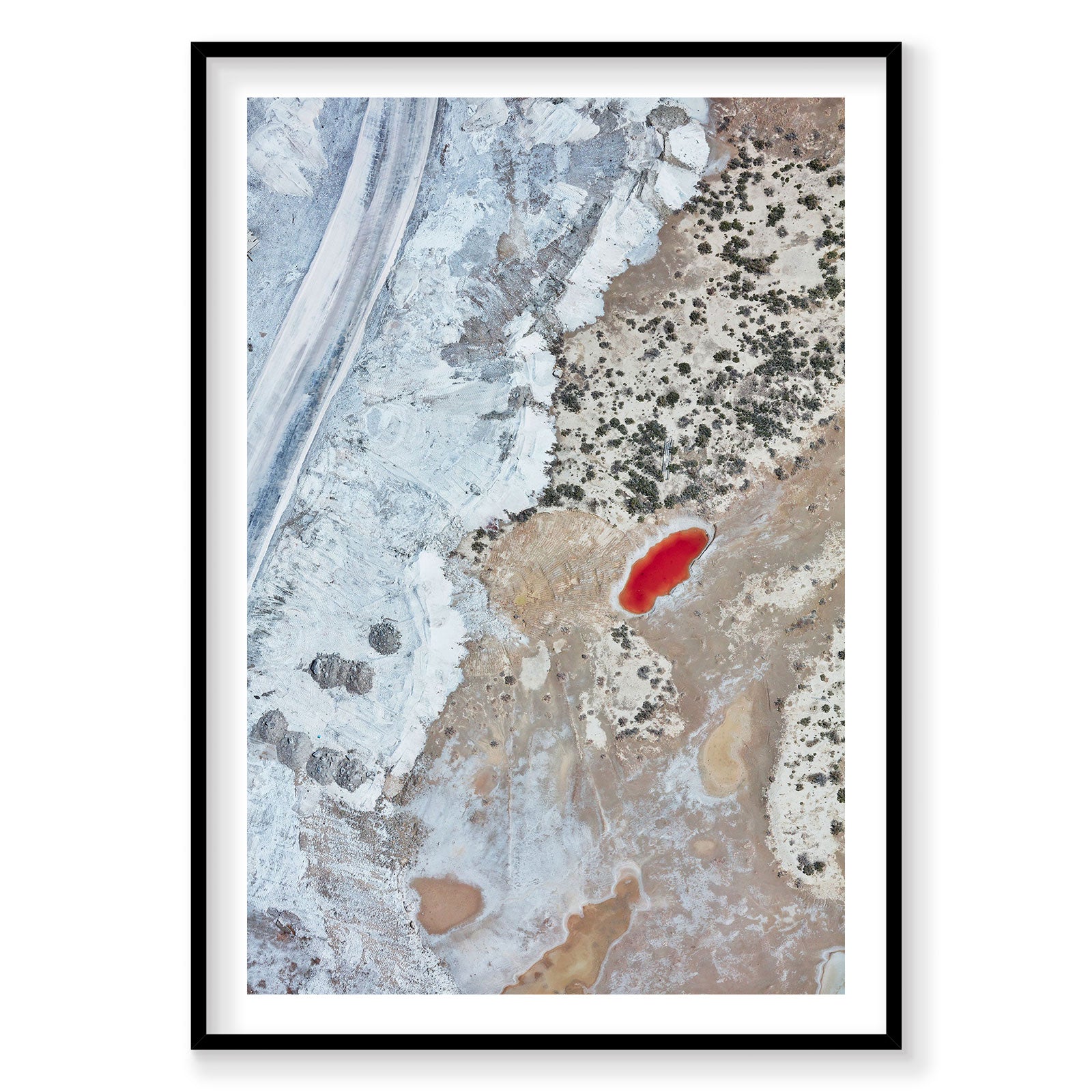 Aerial view of vibrant red mineral pool in Great Salt Lake Utah from above, photography print by Remy Gerega