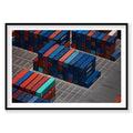 Aerial view of stacked shipping containers at Botany Bay port in blue, red and green, photography print by Remy Gerega