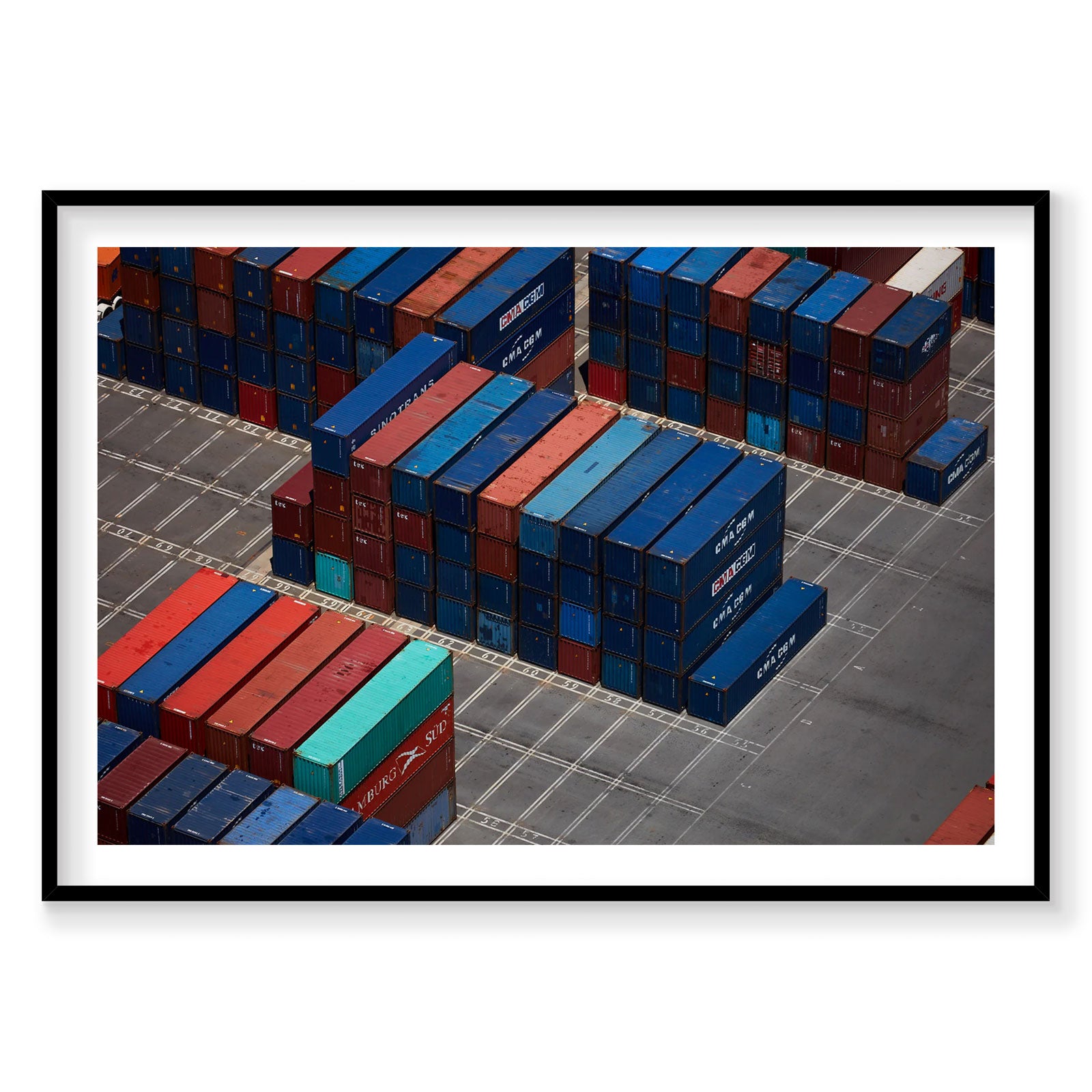 Aerial view of stacked shipping containers at Botany Bay port in blue, red and green, photography print by Remy Gerega