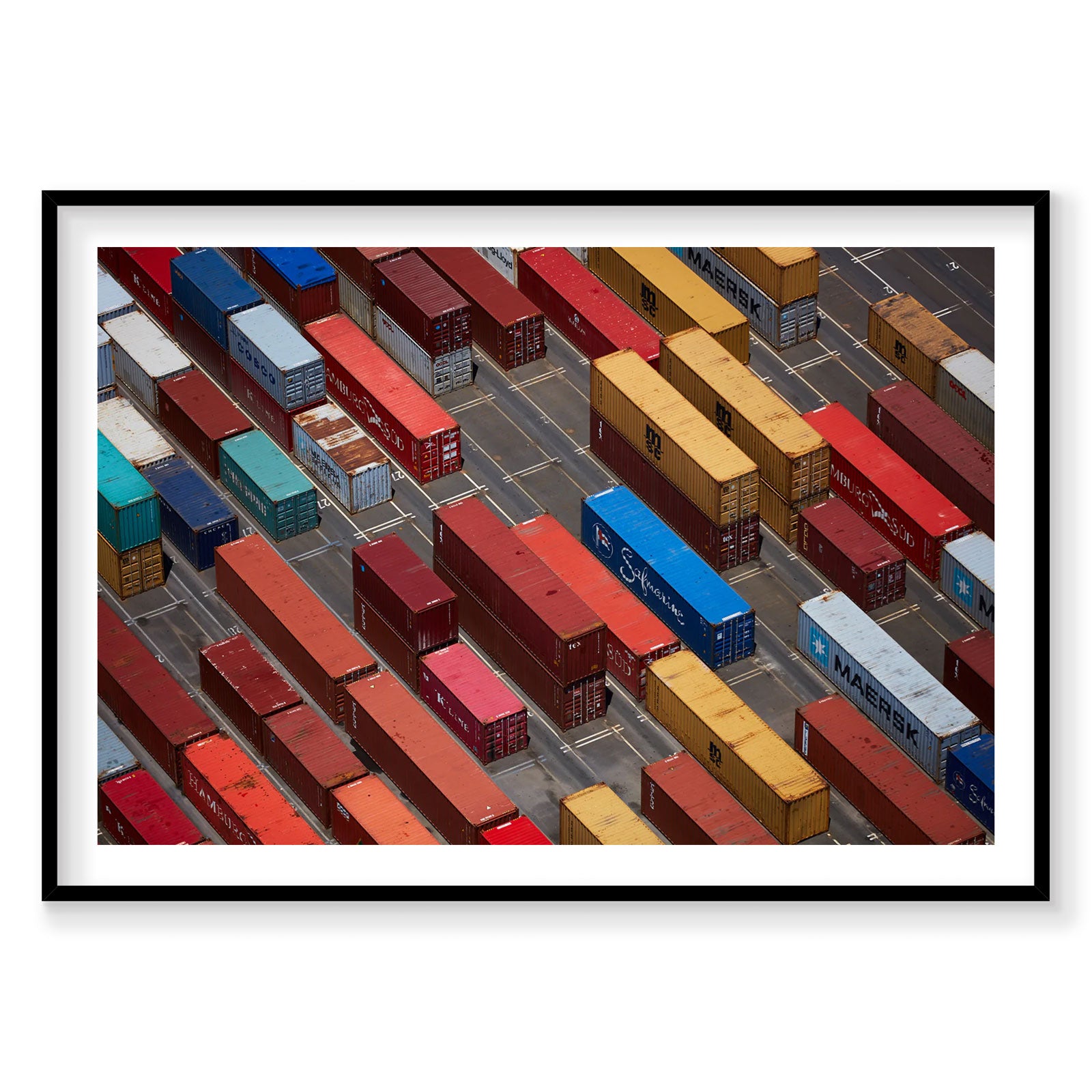 Aerial view of colorful shipping containers at Botany Bay port from above, photography print by Remy Gerega