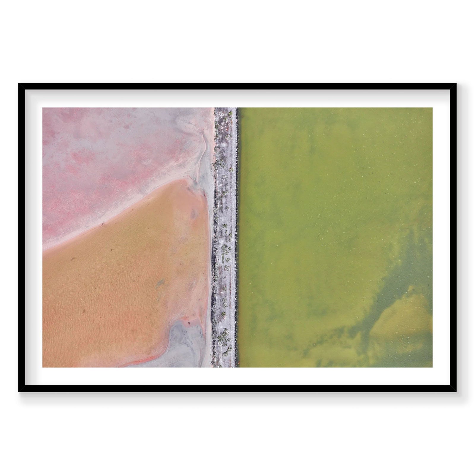Aerial view of Great Salt Lake with pink and green water divided by a gray causeway, photography print by Remy Gerega