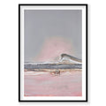 Aerial view of pastel pink Great Salt Lake with mountain backdrop, photography print by Remy Gerega